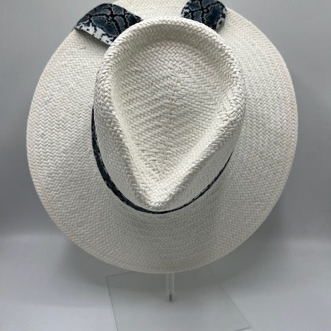 Natural straw white fedora with black and white scarf