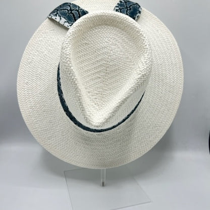 Natural straw white fedora with black and white scarf