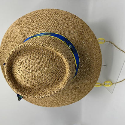 Paper straw hat with yellow and blue details