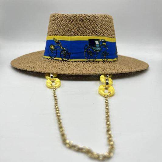 Paper straw hat with yellow and blue details