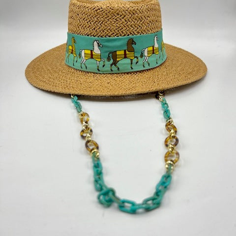 Paper straw boater hat with pistachio color scarf