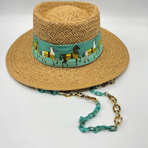 Paper straw boater hat with pistachio color scarf