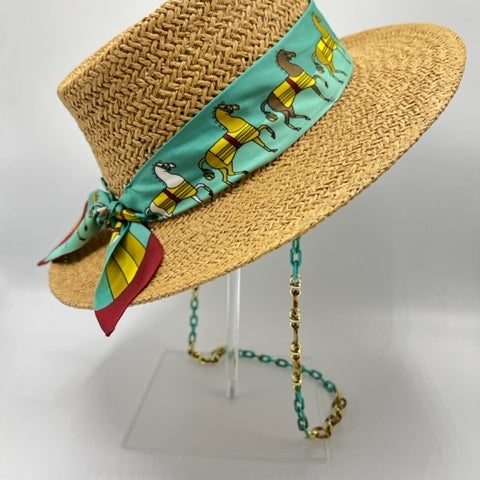 Paper straw boater hat with pistachio color scarf