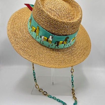 Paper straw boater hat with pistachio color scarf