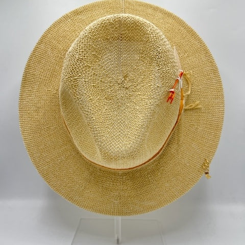 Unisex beige straw hat with feathers