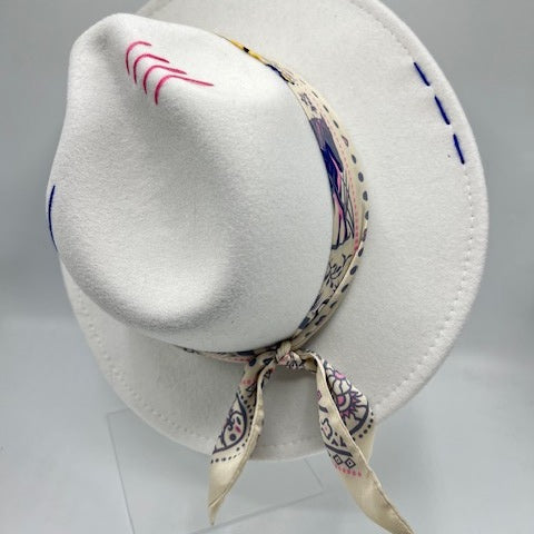 White wool fedora with pink and blue details