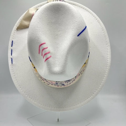 White wool fedora with pink and blue details