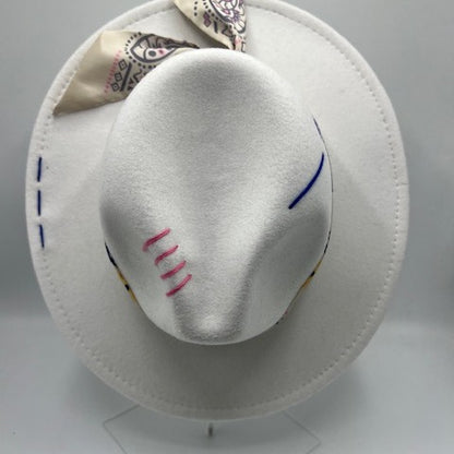 White wool fedora with pink and blue details