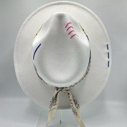 White wool fedora with pink and blue details