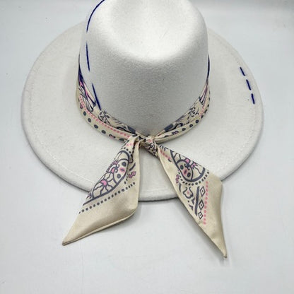 White wool fedora with pink and blue details