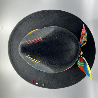 Black fedora with red and yellow stitches