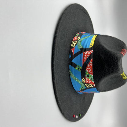 Black fedora with red and yellow stitches