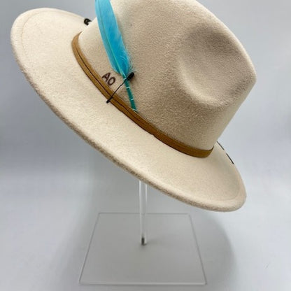 Beige hat with baby blue feather