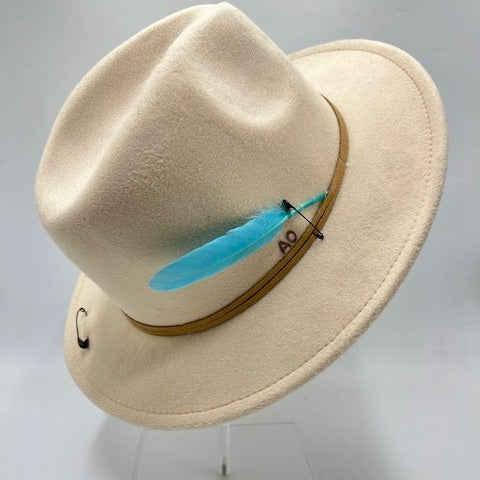 Beige hat with baby blue feather