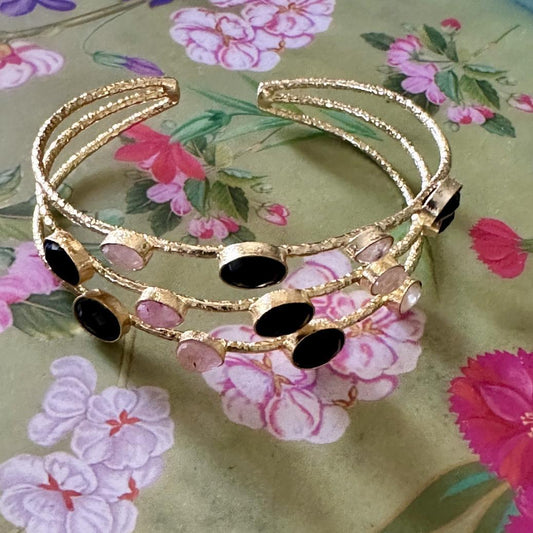 Pink and Black Onyx Gold Plated Fashion Cuff Bracelet