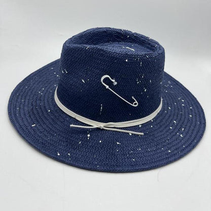 Navy blue straw hat with white paint