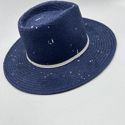 Navy blue straw hat with white paint