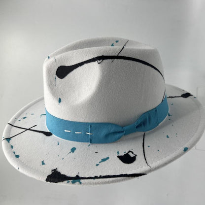 White fedora with splashes and turquoise band