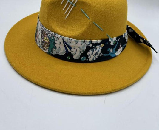 Mustard color fedora with baby blue stitches