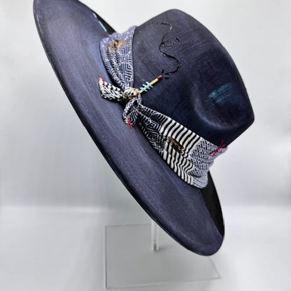 Black wide brim fedora hand painted with blue details