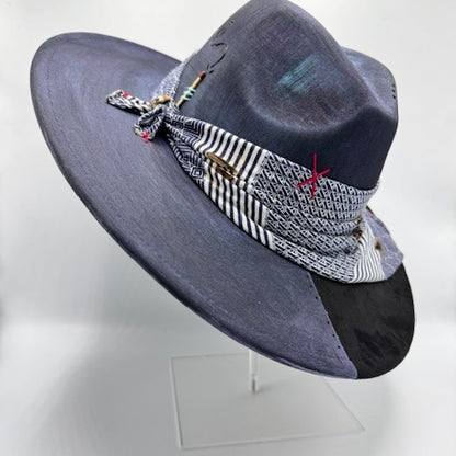 Black wide brim fedora hand painted with blue details