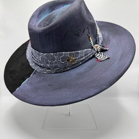 Black wide brim fedora hand painted with blue details