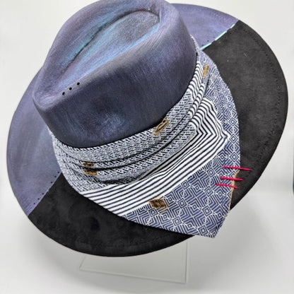 Black wide brim fedora hand painted with blue details