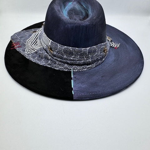 Black wide brim fedora hand painted with blue details