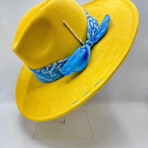 Yellow wide brim fedora with baby blue bandana