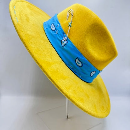 Yellow wide brim fedora with baby blue bandana