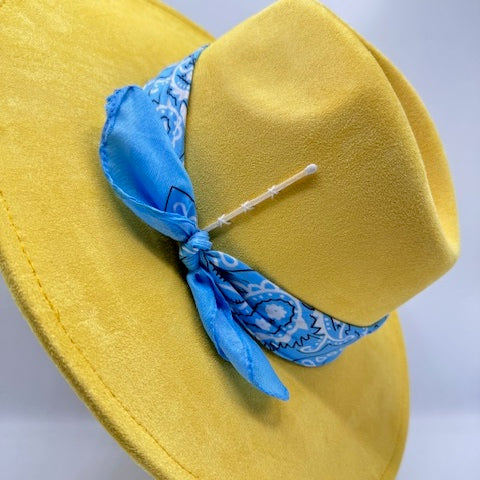 Yellow wide brim fedora with baby blue bandana