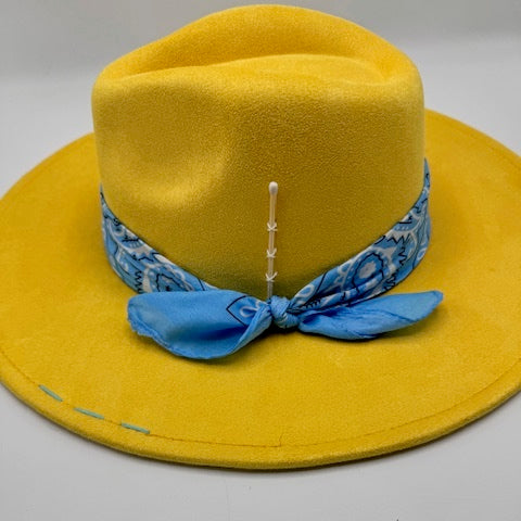 Yellow wide brim fedora with baby blue bandana