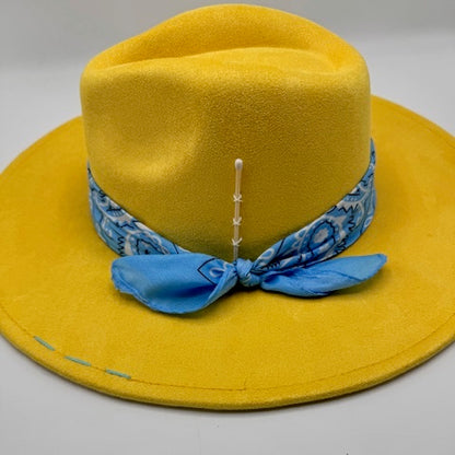 Yellow wide brim fedora with baby blue bandana