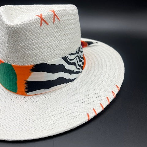 White natural straw fedora with orange details