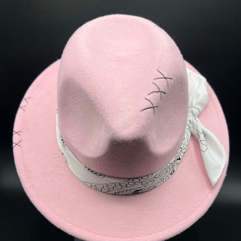 Pink fedora with white bandana