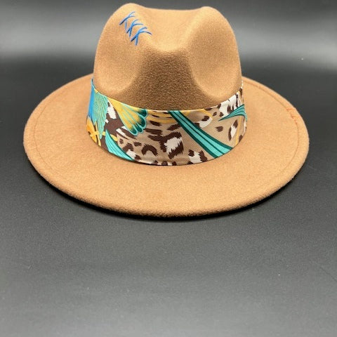 Brown fedora with blue details