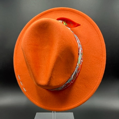 Orange fedora with yellow stitches