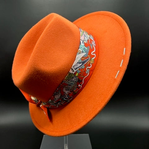 Orange fedora with yellow stitches