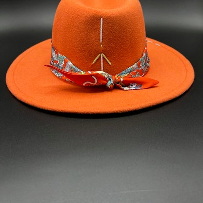 Orange fedora with yellow stitches