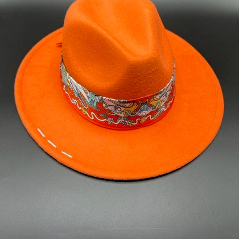 Orange fedora with yellow stitches