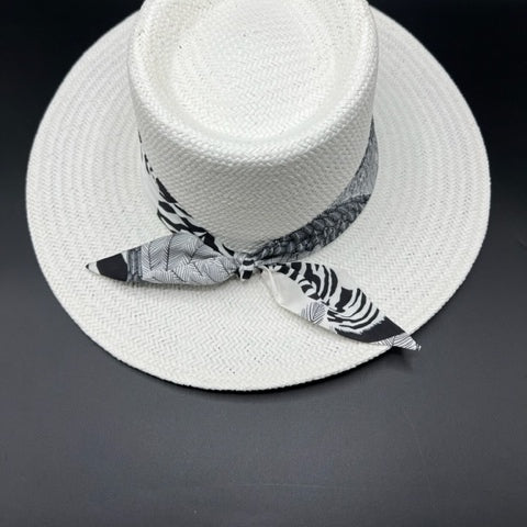 Summer white fedora with white and black scarf