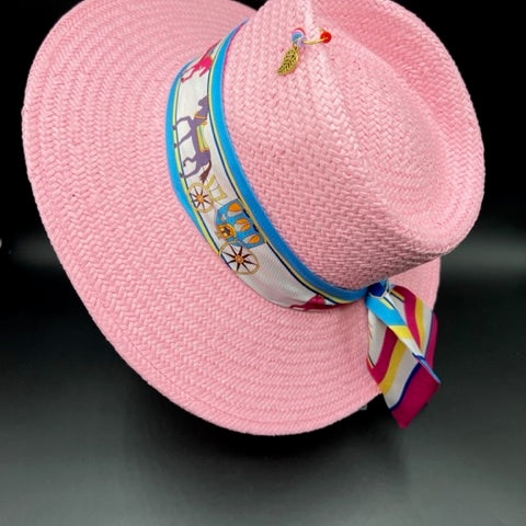 Pink summer fedora with baby blue details