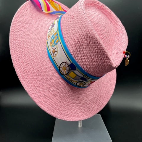 Pink summer fedora with baby blue details