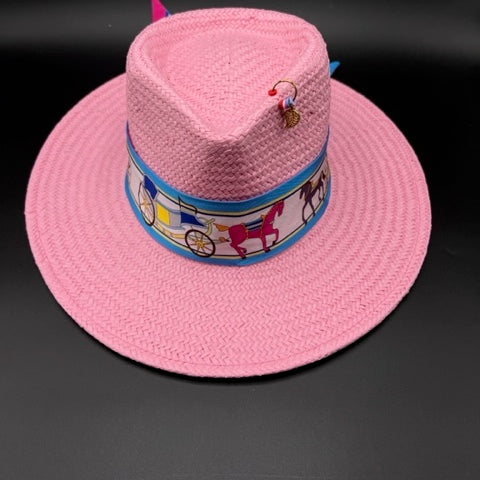 Pink summer fedora with baby blue details