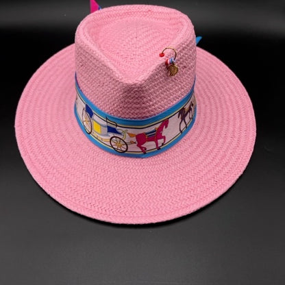 Pink summer fedora with baby blue details