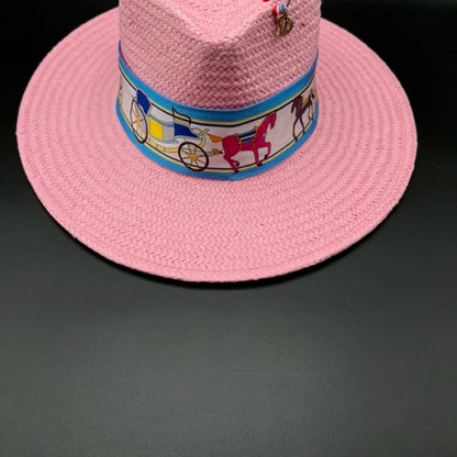 Pink summer fedora with baby blue details