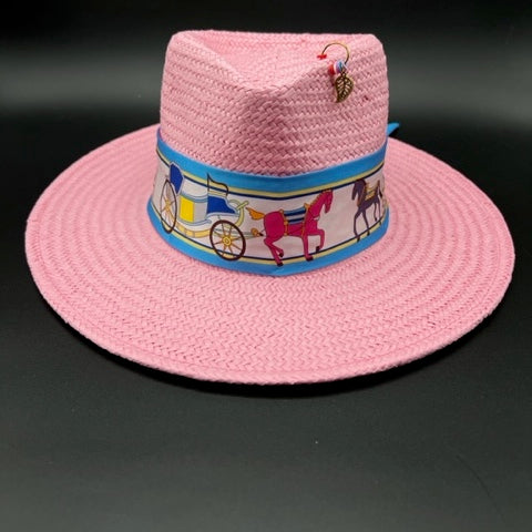 Pink summer fedora with baby blue details