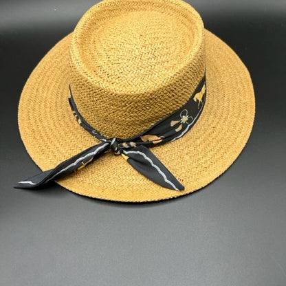 Paper straw boater with elegant black scarf