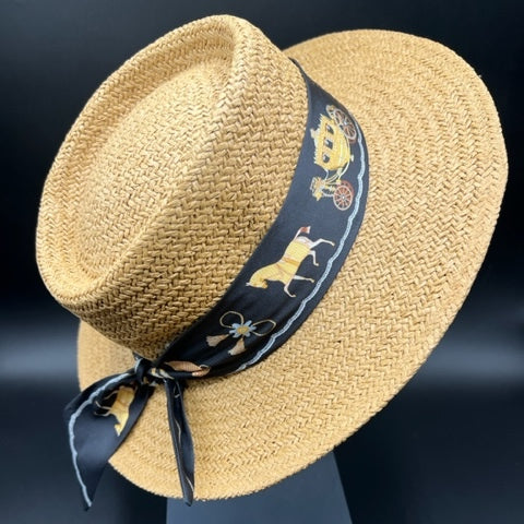 Paper straw boater with elegant black scarf