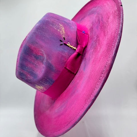 Hand painted fuchsia wide brim fedora